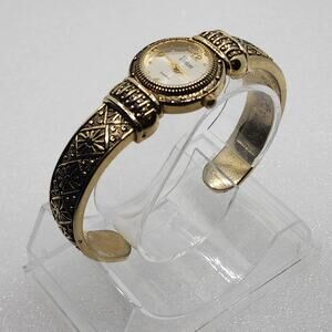 Distressed Filigree Ancient Sun Motif bracelet bangle Cuff Gold Hinged Watch VTG